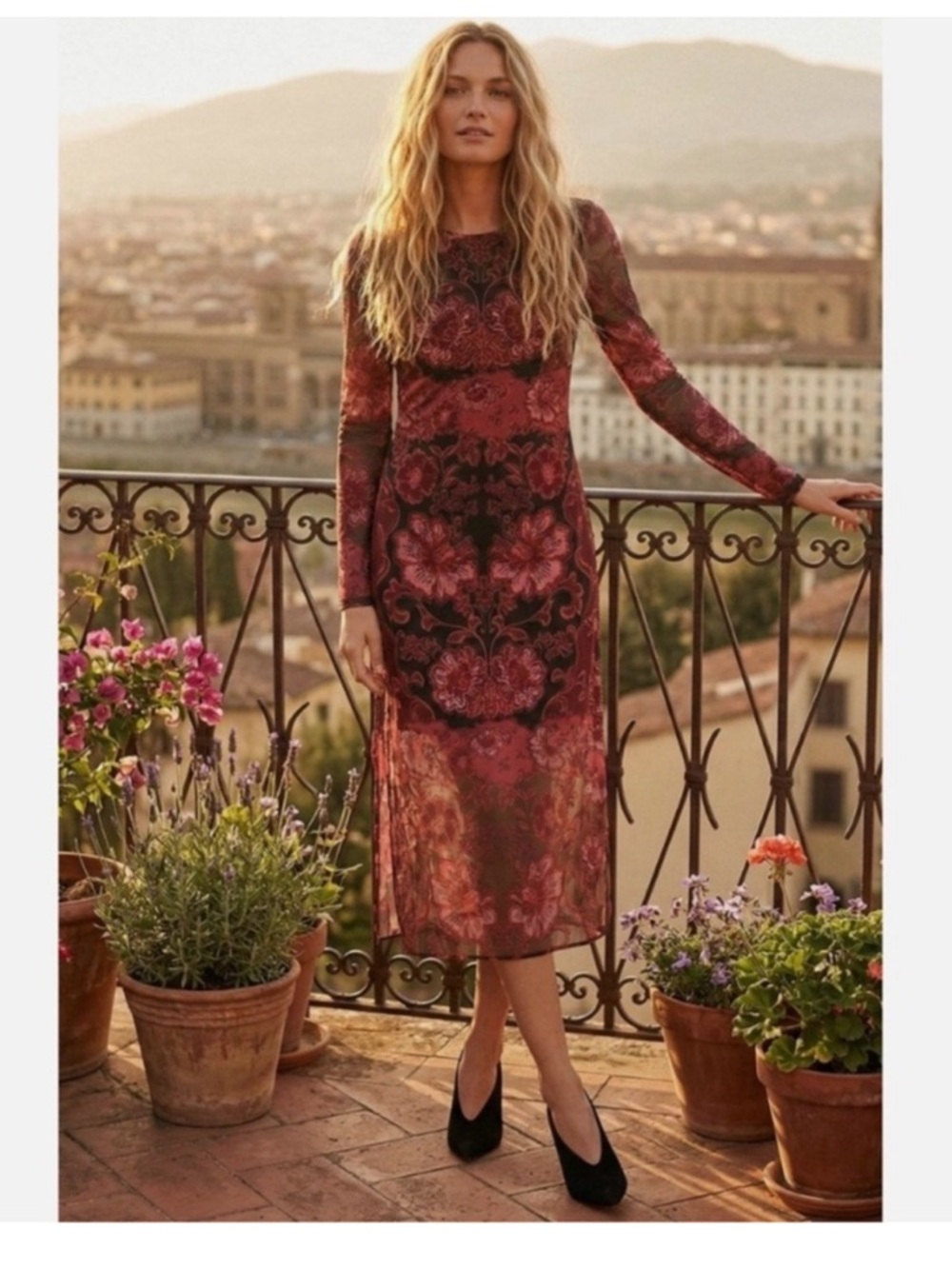 NWT JOHNNY WAS Tulus Floral Print Mesh Knit Round Neck Long Sleeve Midi Dress